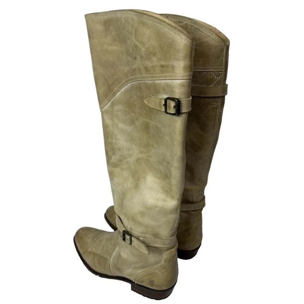 FRYE Dorado Tall Knee Riding Boots  Cream Tan Leather Buckle 77559 Women's Sz 9